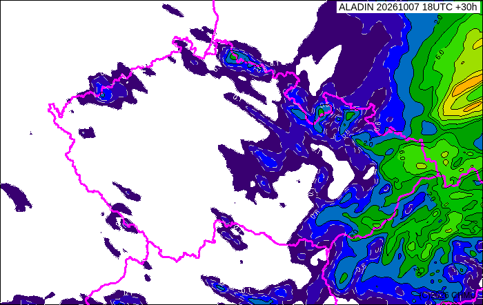 Předpověď srážek za 3 h — 8. 10. 2026 02:00